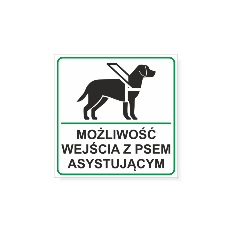 Logotyp przedstawiający psa w uprzęży. Możliwość wejścia z psem asystującym.