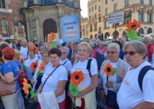 Powiększ zdjęcie dębiccy seniorzy w białych koszulkach z logo Ośrodków Wsparcia Dziennego Senior Plus zebrani trzymaja kwiaty z bibuły w dłoniach na krakowskim Rynku