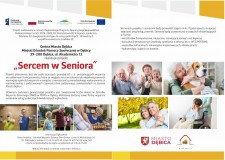 Powiększ zdjęcie Plakat Sercem w Seniora, przedstawia informacje na temat projektu oraz fotografie uśmiechniętych, zadowolonych starszych osób