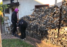 Powiększ zdjęcie Wolontariusze przygotowujący opał.